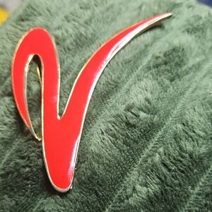 Red Enamel V-Shape Brooch with Gold Trim - Women Jewelry